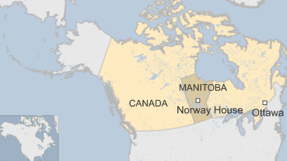 Map of Canada showing location of Norway House, in Manitoba province west of the capital, Ottawa