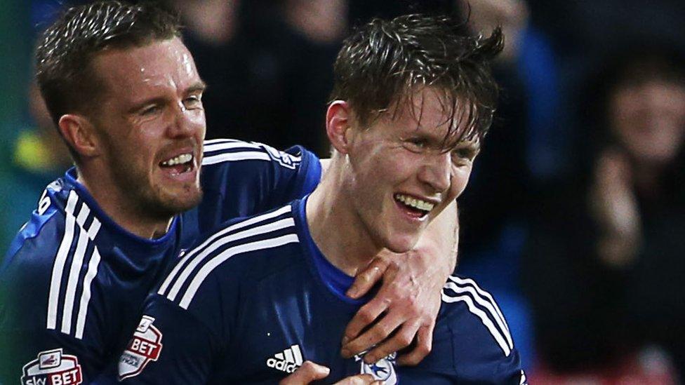 Cardiff striker Joe Mason celebrates his goal against Blackburn