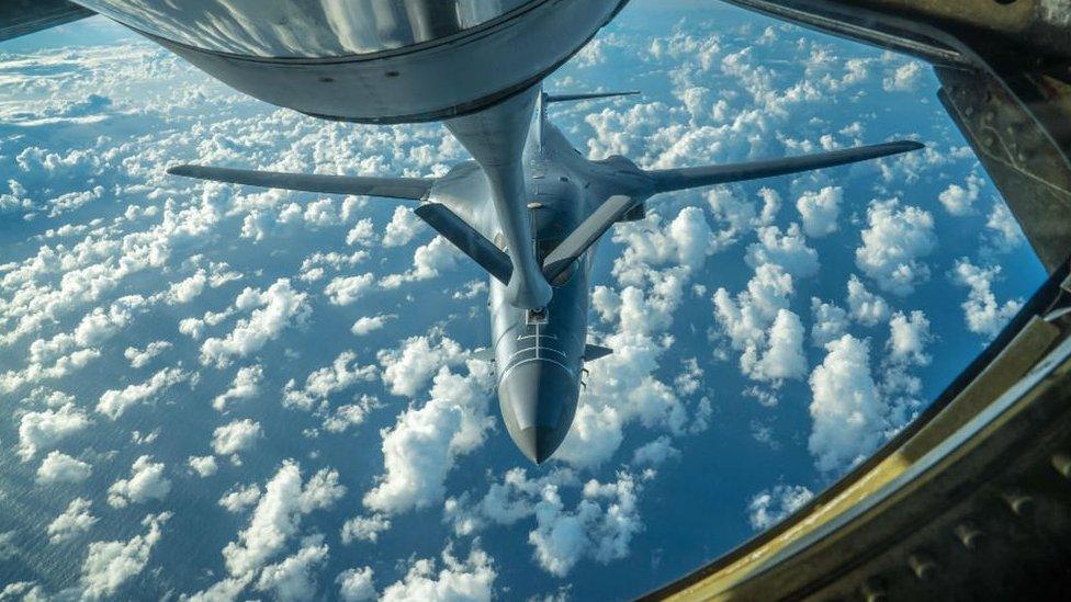 A US Air Force B-1B Lancer is refuelled during a 10-hour mission from Andersen Air Force Base, Guam, into Japanese airspace and over the Korean Peninsula, 30 July 2017