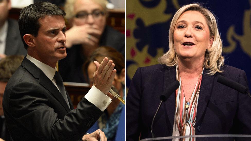 Manuel Valls (L) and Marine Le Pen