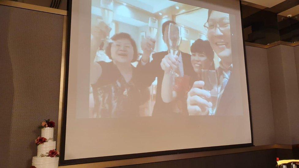 (From right to left) Joseph Yew, Kang Ting and his parents in their hotel room