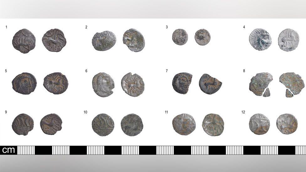 Twelve Iron Age silver coins in three rows, showing both sides of each coins