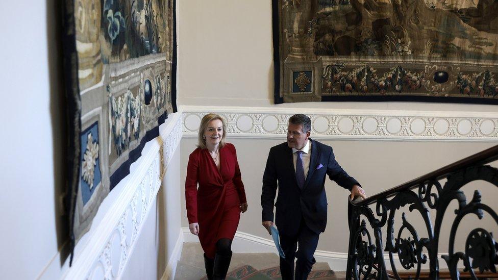 Liz Truss and Maroš Šefčovič walking up stairs