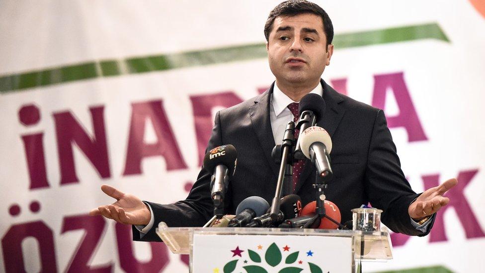 Selahattin Demirtas delivers a speech during an election campaign