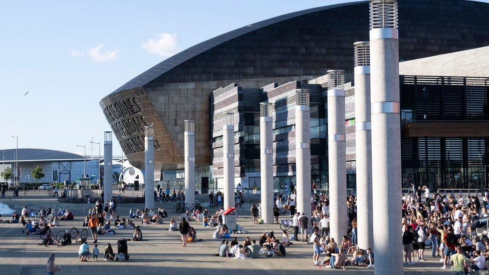 People congregating at Cardiff Bay