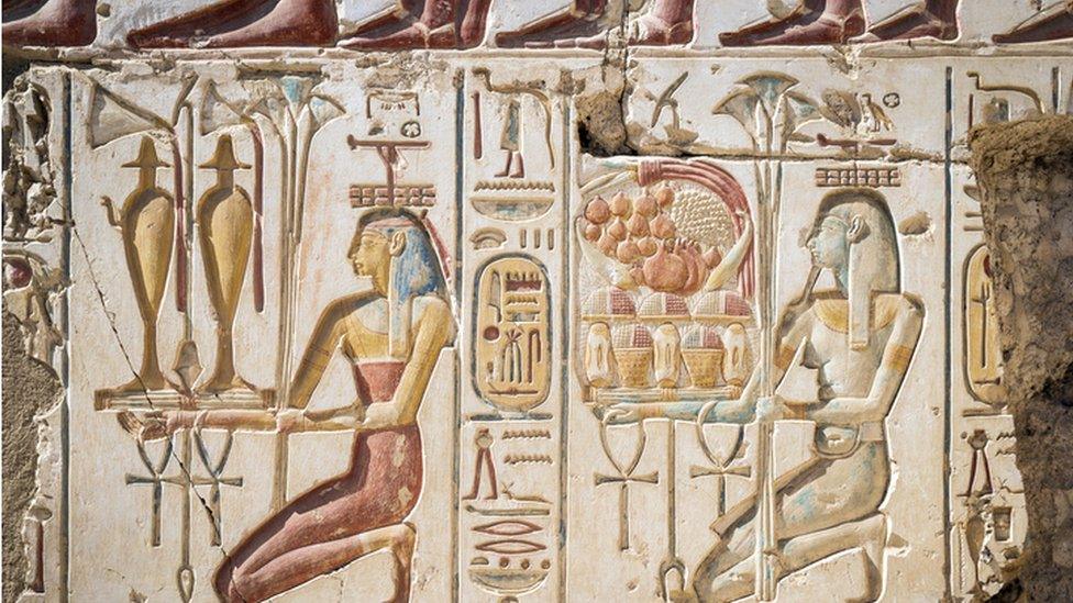 Close-up of hieroglyphics, Temple of Rameses II, Abydos, Egypt