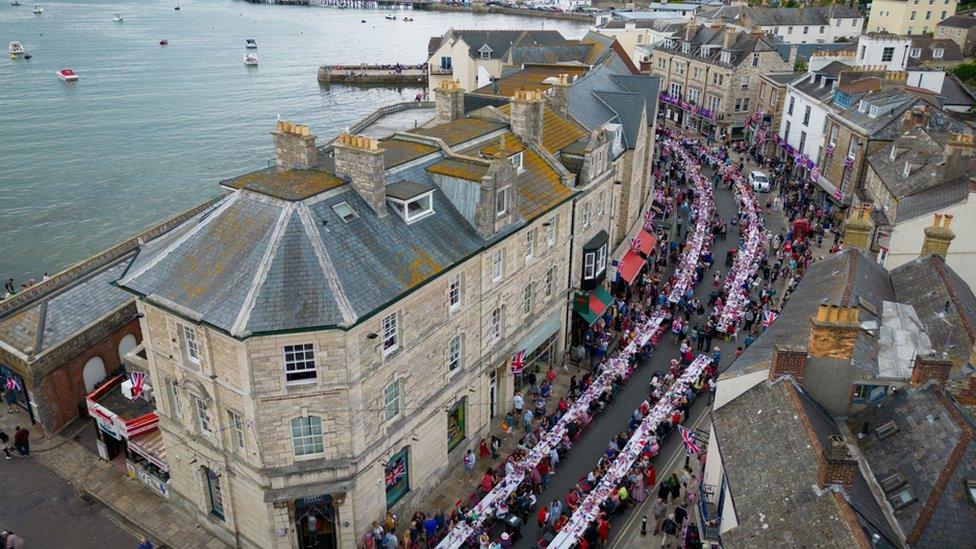 Hundreds of people take part in the town's street party on 3 June 2022 in Swanage, Dorset