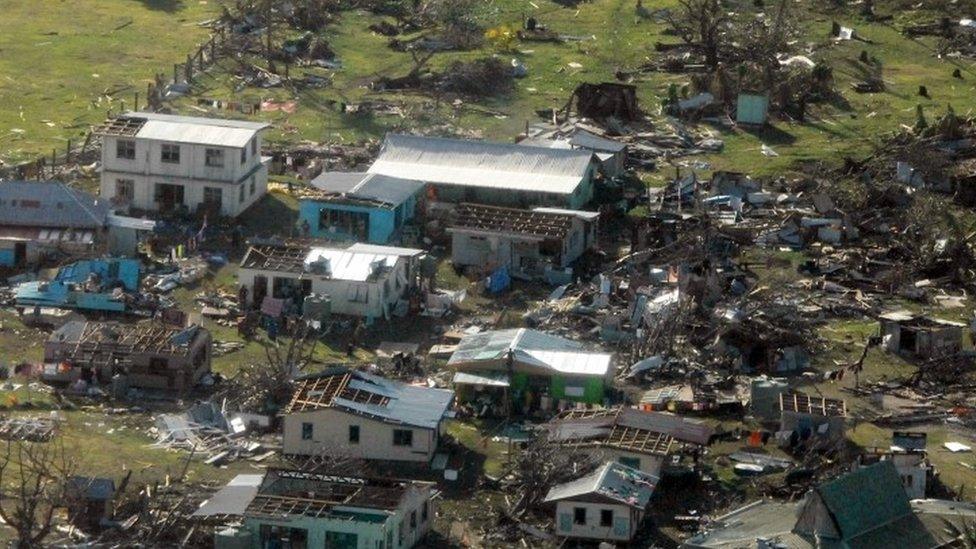 A remote Fijian village is photographed from the air during a surveillance flight conducted by the New Zealand Defence Force (22 February 2016)