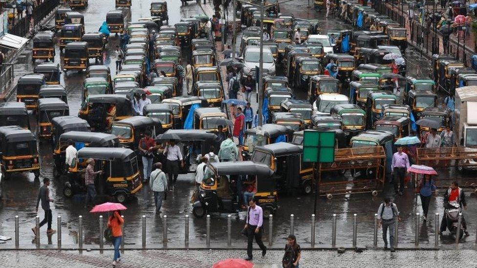 A general view of traffic during heavy rains in Mira road, near Mumbai, India, 01 July 2019.