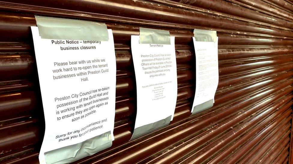 Closure notices on Preston Guild Hall