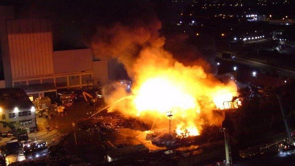 Aerial shot of fire at scrap yard