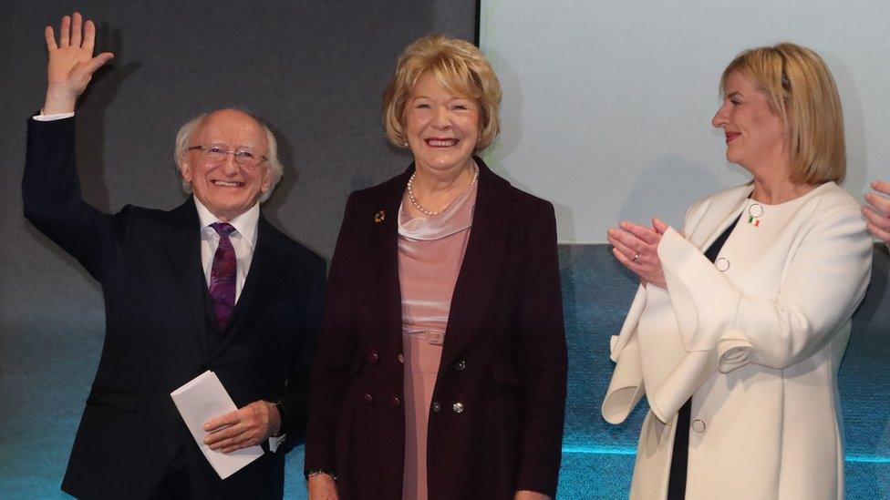 Sinn Féin candidate Liadh Ní Riada applauds Michael D Higgins on his win