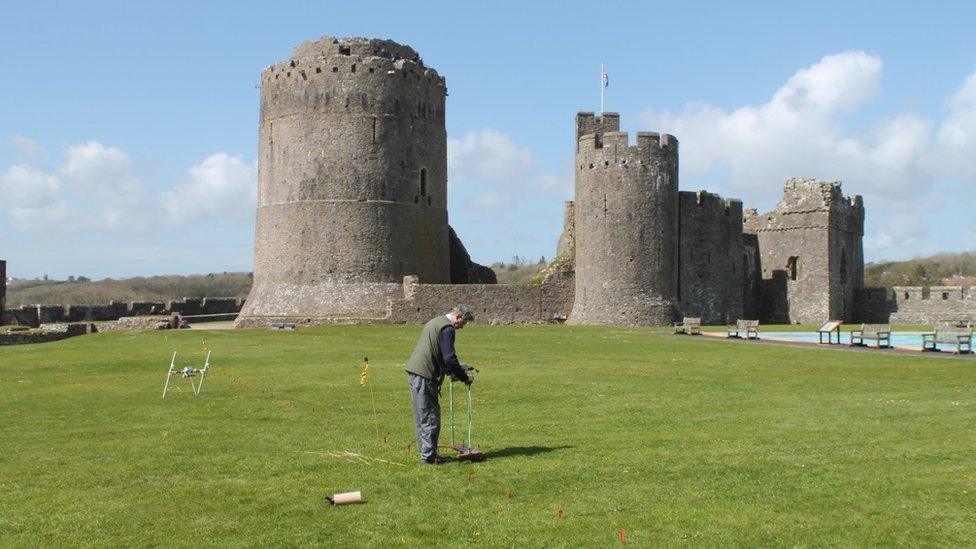 A geophysical survey being carried out at Pembroke Castle