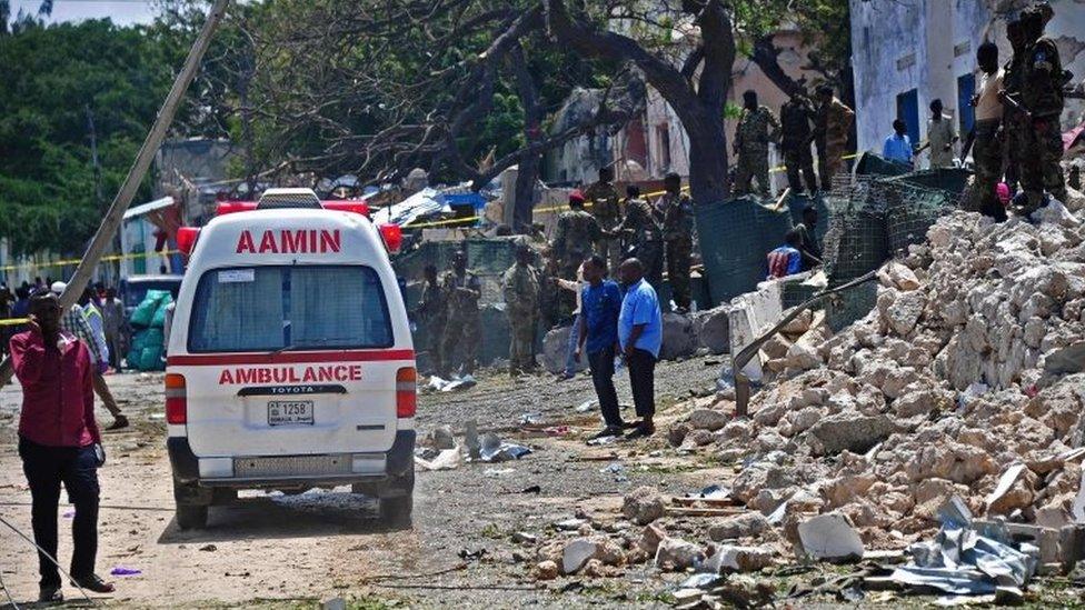 An ambulance at the scene of the SYL Hotel blast in Mogadishu, Somalia