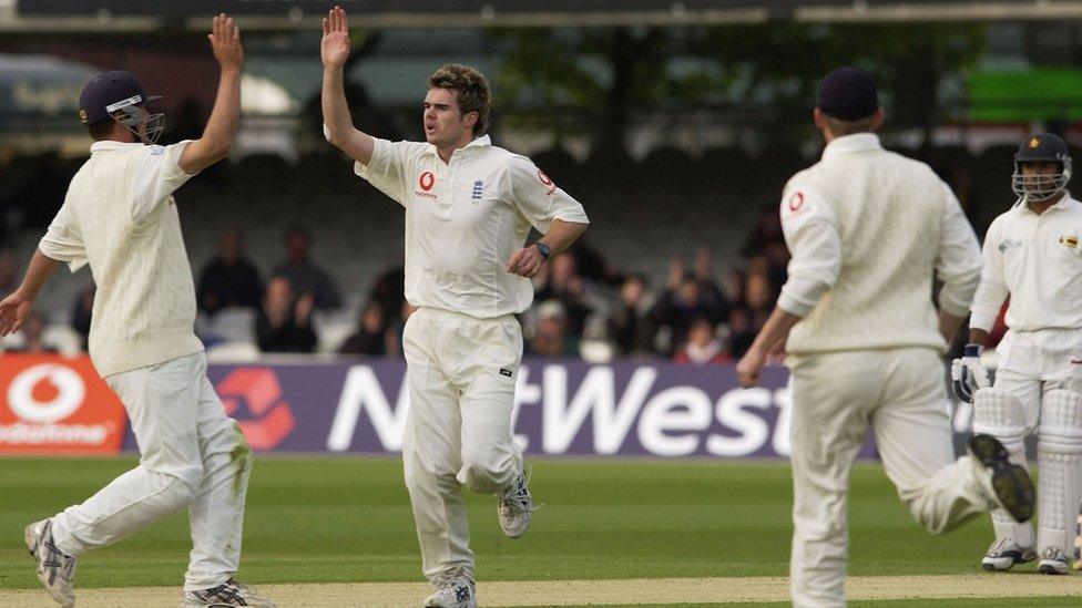 James Anderson celebrates his maiden Test wicket