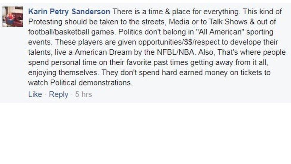 Facebook post from Karin Petry Sanderson expressing that NFL players should not protest in a sports context