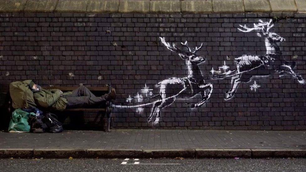 Banksy's new Mural of reindeers pulling a bench in Birmingham