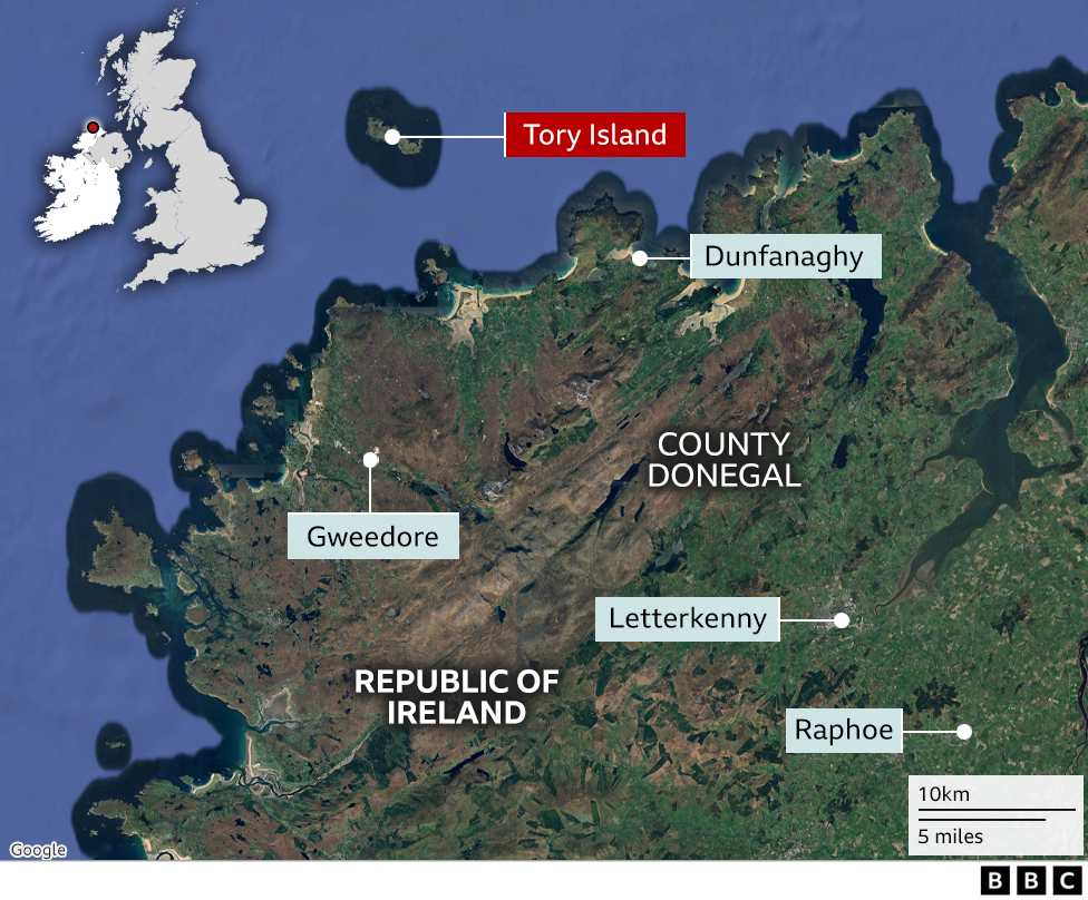 A satellite map of the area, showing County Donegal, its coastline and Tory Island.