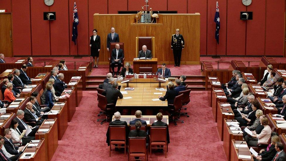 Governor General Peter Cosgrove speaks in the Australian Senate while reopening parliament