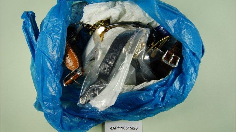 Plastic bag containing wristwatches found in casserole dish in the kitchen cupboard at Bletsoe Walk