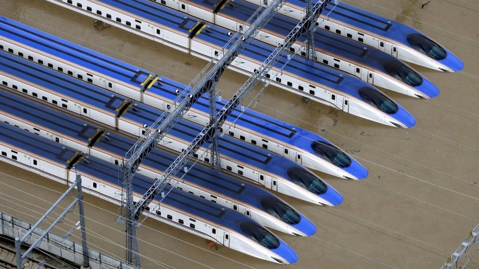 The Hokuriku-Shinkansen line trains were parked in a yard in Nagano city