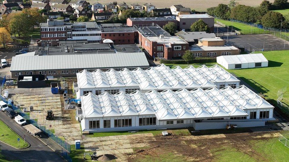 An aerial shot of Honywood school's temporary classrooms