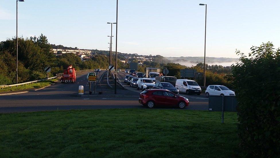 There was congestion on the A40 Llangynnwr roundabout as the diverted traffic made its way to the next exit on Tuesday morning