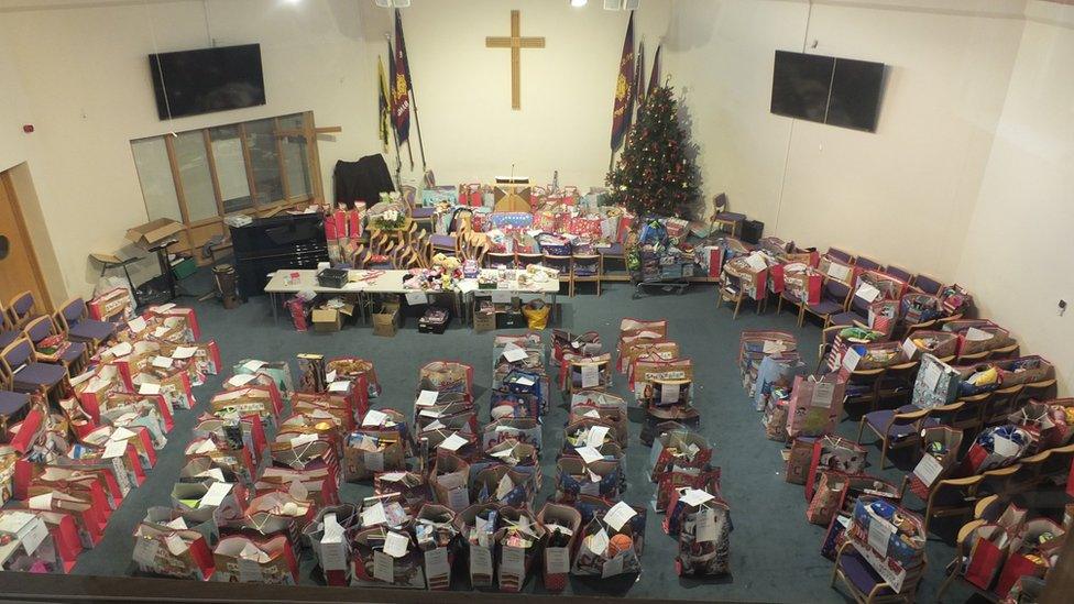 Toy parcels in a church