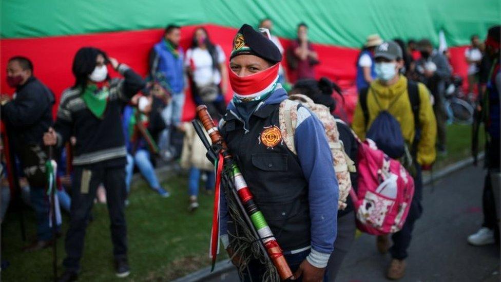 Colombian indigenous people arrive to ask for a meeting with Colombian President Ivan Duque, in Bogota, Colombia October 18, 2020.