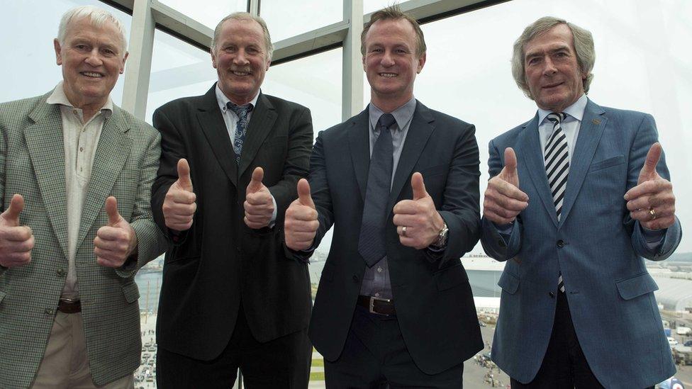 Billy Hamilton (second left) with Northern Ireland manager Michael O'Neill, 1958 World Cup star Peter McParland and legendary goalkeeper Pat Jennings at the announcement of the squad for the Euro 2016 finals