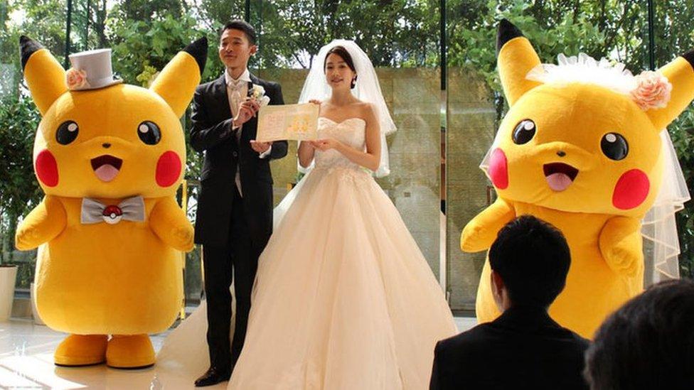 Pikachu mascots at a wedding in Japan