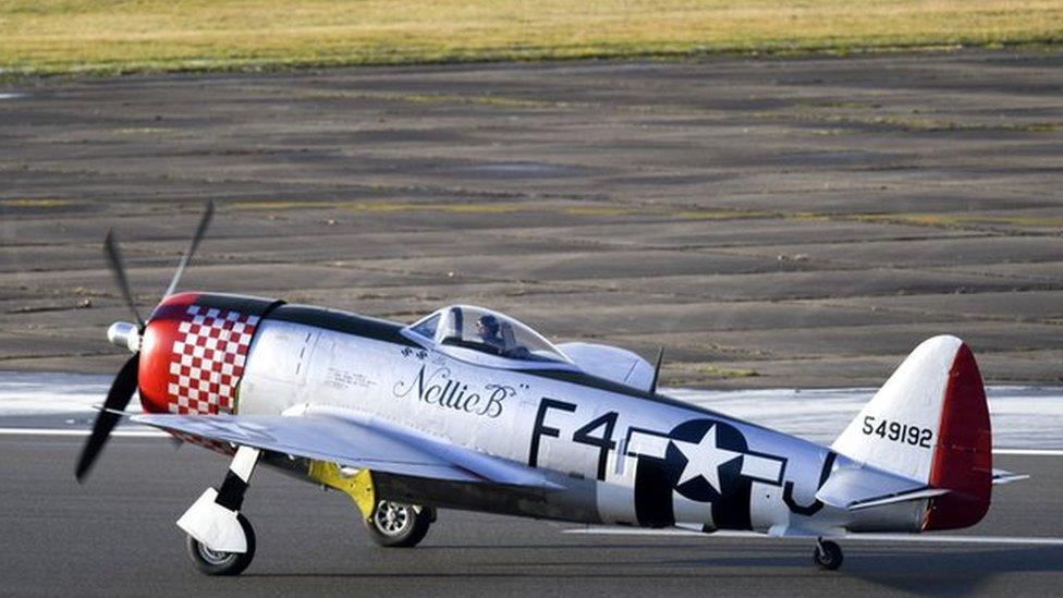 A P-47 Thunderbolt lands at Royal Air Force Lakenheath