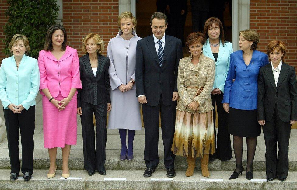 Jose Luis Rodriguez Zapatero (C) with the eight female ministers of his cabinet (from L) : Maria Jesus Sansegundo, Maria Antonia Trujillo, Maria Teresa Fernandez de la Vega, Carmen Calvo, Cristina Narbona, Magdalena Alvarez, and Elena Espinosa in April 2004