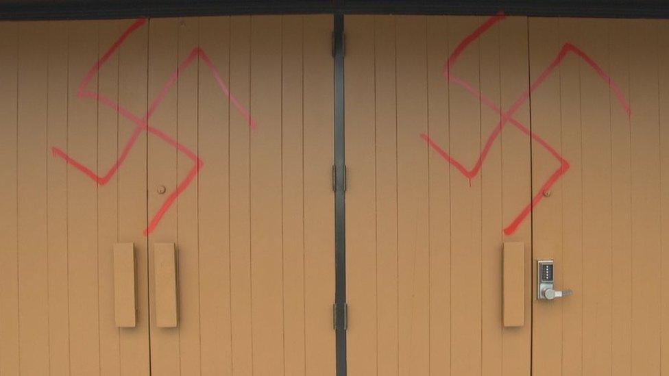 Swastika signs on the front doors of Ottawa's Machzikei Hadas Synagogue