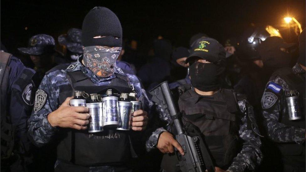 A group of officers of the Cobras anti-riot unit of the Honduran Police who have declared a sit-down strike due to the political crisis in the country, stand idle in Tegucigalpa, Honduras, 04 December 2017