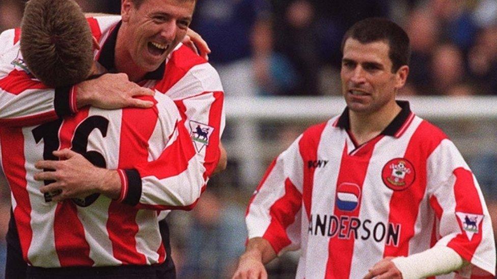 08-05-1999 Matt Le Tissier (facing) celebrates the 2nd goal with James Beattie (left) and Francis Benali