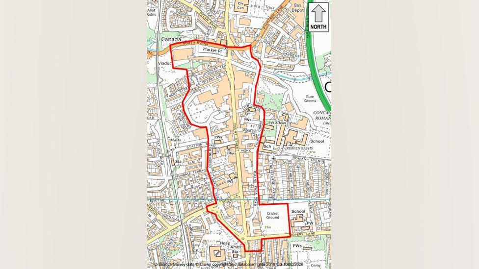 A map of Chester-le-Street town centre. A red line has been drawn around the area covered by the dispersal order. It includes Front Street, the cricket grounds and Market Place.