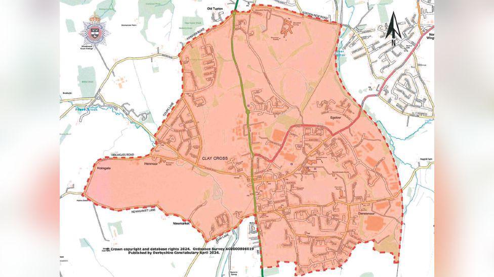 A map of the area included in the public space protection order, covering Danesmoor, Clay Cross, Holmgate and Old Tupton, in Derbyshire