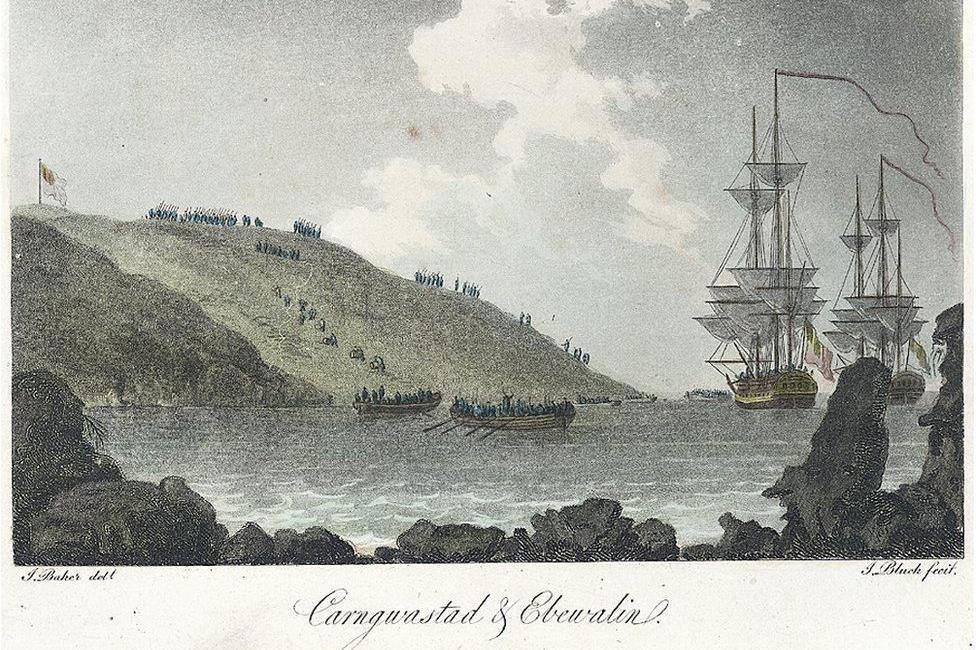 Lithograff o fis Mai 1797 yn dangos y Ffrancwyr yn glanio yng Ngharreg Wastad