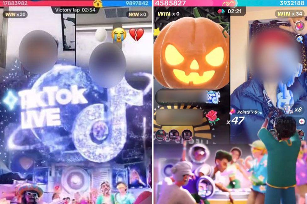 Screengrabs from a mobile phone of two battle games with the influencers' faces blurred so they cannot be identified. Above each influencer is their score in TikTok coins