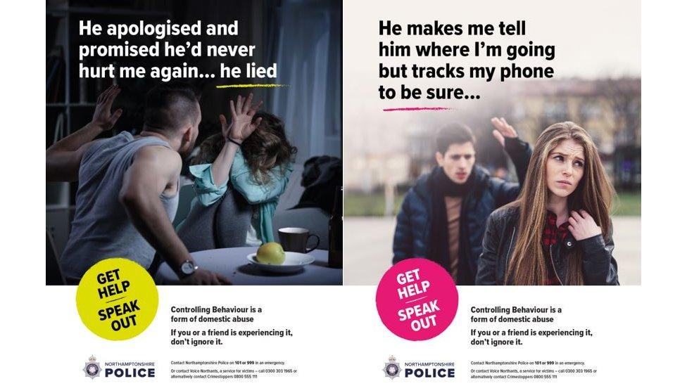 Posters showing posed images of domestic violence attacks