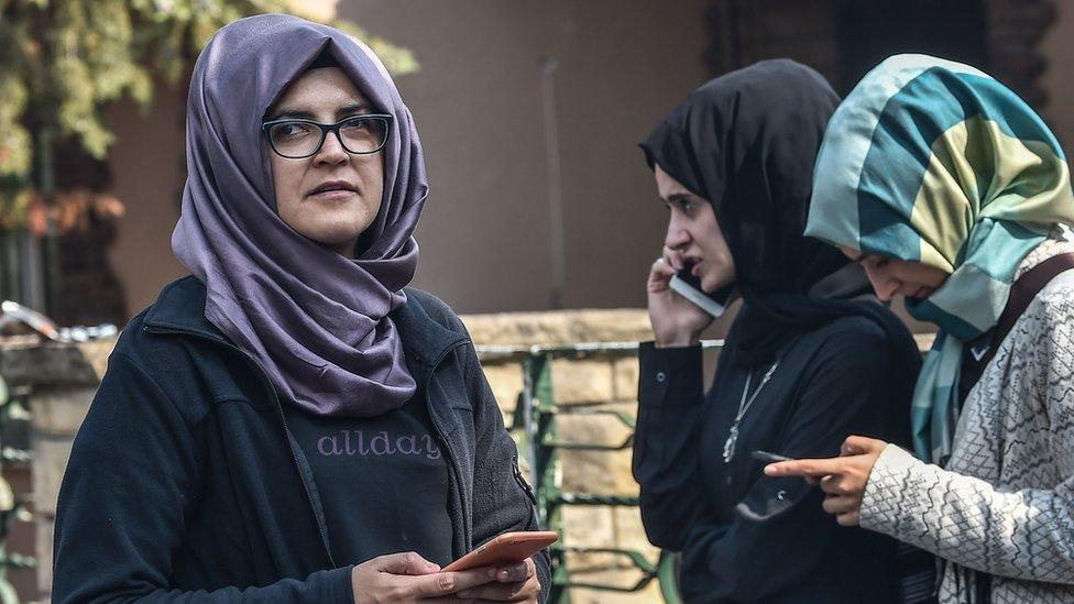 Jamal Khashoggi's fiancée Hatice waits in front of the Saudi consulate in Istanbul on 3 October 2018