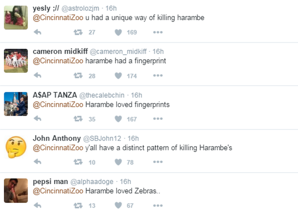 Tweets about Harambe the gorilla in response to an unrelated post from Cincinnati Zoo