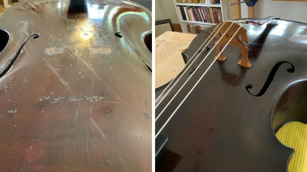 Before and after image of an old cello before restoration and after, the wood now darker and more polished, with strings returned