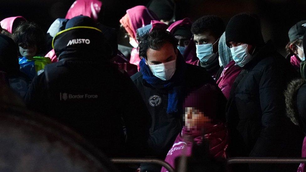 A group of people thought to be migrants are brought in to Dover, Kent, onboard a Border Force vessel