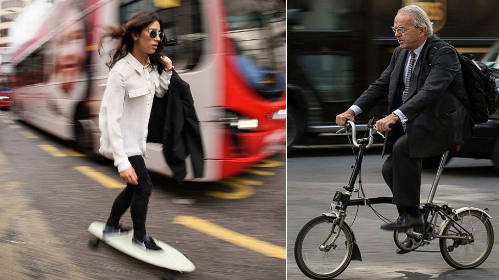 Woman skateboarding, man on bike