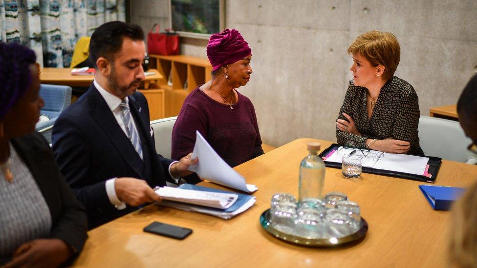 First Minister Nicola Sturgeon and Justice Secretary Humza Yousaf meet with the mother of Sheku Bayoh, Aminata Bayoh and his sister Adama Kadijartu Johnson and Lawyer Aamer Anwar at the Scottish Parliament on November 12, 2019 i