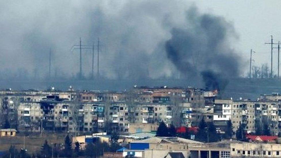 Smoke rises from strikes on the frontline city of Soledar, as Russia"s attack on Ukraine continues, as seen from Bakhmut, Ukraine, January 5, 2023.