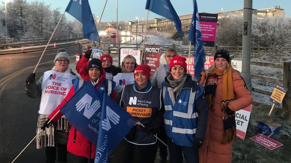 Nurses on the picket line outside the South West Acute Hospital in Enniskillen on Thursday morning