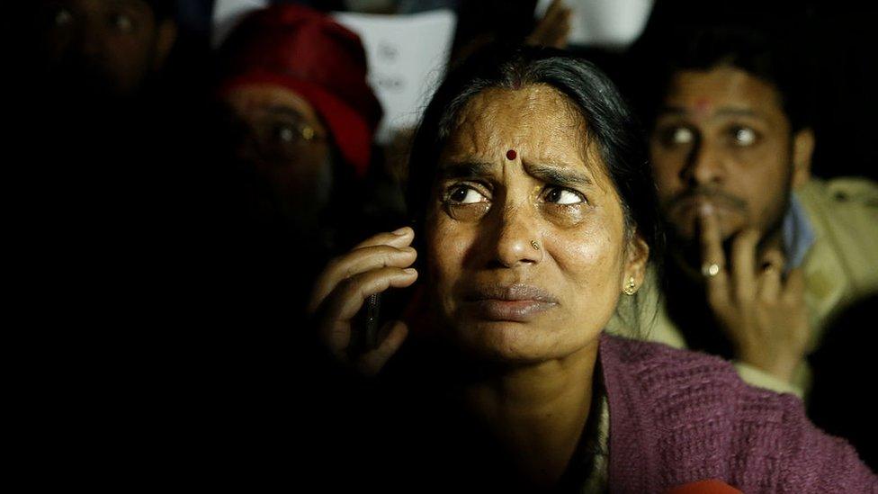 Mother of Nirbhaya breaks down during a protest against the release of juvenile convict of the 16 December gang-rape, along with student activists at Jantar Mantar on December 20, 2015 in Delhi, India.